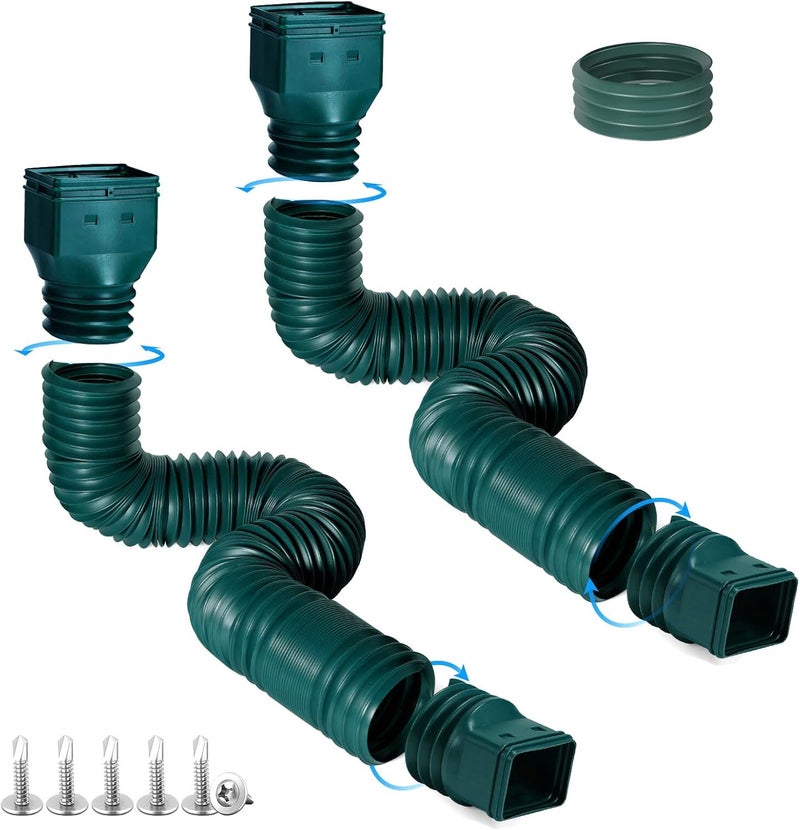 plusgutter 2 Pack Rain Gutter Downspout Extensions, Flexible Downspout Extender with 58"+68" Extendable Pipes for Rain Water Drainage, Durable Down Spout Drain Extension with Connector (Green) - Image 1